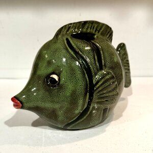 Finnish Ceramic Green Black Stripes Puffer Fish Sculpture By Marja Myllymaki
